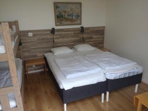 a bedroom with a bed and two bunk beds at Kungshamns Vandrarhem in Kungshamn