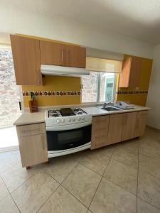 a kitchen with a stove and a counter top at Apartment with Pool, Gym & A/C in Querétaro