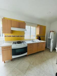 a kitchen with a stove and a sink and a refrigerator at Apartment with Pool, Gym & A/C Suite in Querétaro