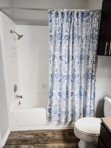 a bathroom with a toilet and a shower curtain at Spacious Poolside Oasis - Easy Access and Garage in Corpus Christi +24 photos