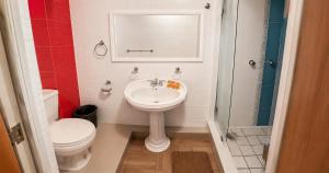 a bathroom with a sink and a toilet and a mirror at Hotel Plaza Tapatia in Guadalajara