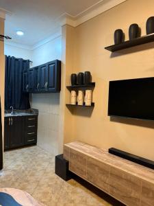 a kitchen with black cabinets and a tv on the wall at LILY'S spa and accomodations in Mukono +17 photos
