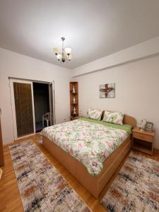 a bedroom with a large bed and a rug at Sofi Central Apartment in Ohrid