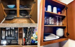 two pictures of a kitchen cabinet filled with utensils at 10 Min to Downtown - Pet-friendly, TV with Parking in Robstown