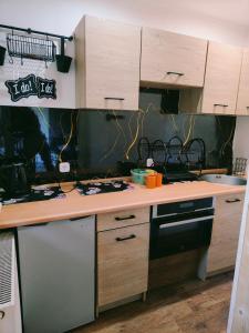 a kitchen with a counter and a stove top oven at Apartamenty nad Brdą in Zapędowo