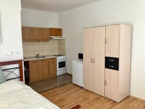 a small kitchen with wooden cabinets in a room at Apartmán Růžovka in Jaroměř +4 photos