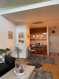 a living room and kitchen with a couch and a table at Anonim Plus in Vrdnik