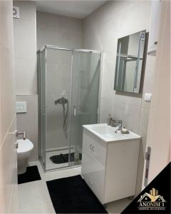 a bathroom with a shower and a sink and a toilet at Anonim Plus in Vrdnik