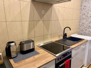a small kitchen with a stove and a sink at Kauba 6-5 Apartment in Kuressaare