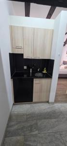 a kitchen with a sink and wooden cabinets at Hotel Surselva in Chur +85 photos