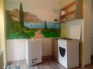 a kitchen with a washing machine and a painting on the wall at borjomi downtown in Borjomi