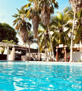a swimming pool with palm trees in the background at Hotel PalmaSol in Ricaurte