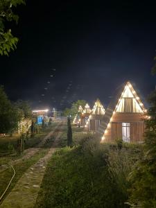 a row of wooden houses at night at Landhaus Borjomi in Borjomi