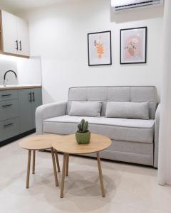 a living room with a couch and a table at Akrolithos apartments ground floor in Platy
