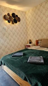 a bedroom with a bed with plates on the wall at ''Ābeļdārza māja'' in Āboliņi
