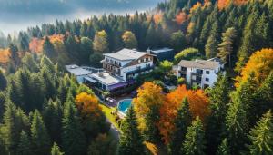 an aerial view of a house in the forest at Logis Clair Matin Resort & Spa in Le Chambon-sur-Lignon