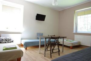 a small room with a table and a bed and a couch at CasaBlanca Biały Dom in Borne Sulinowo