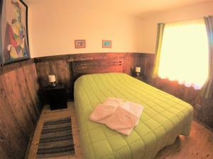 Un dormitorio con una cama con sábanas verdes y una ventana en Cabañas Rapallo, en Licán Ray