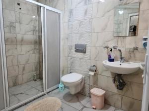 a bathroom with a shower and a toilet and a sink at kozalak evleri in Gökbel +22 photos