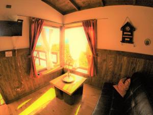 a living room with a couch and a table and a window at Cabañas Rapallo in Licán Ray