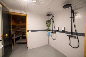 a bathroom with two shower heads at Hotel Lokkilinna in Kalajoki +73 photos
