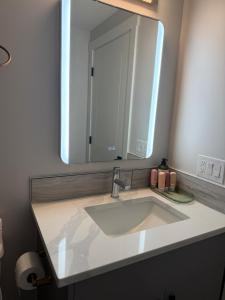 a bathroom sink with a large mirror above it at Cozy Suite Near Airport in YYC +6 photos