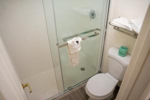 a bathroom with a toilet and a glass shower at Horizon Inn Norcross in Norcross
