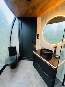 a bathroom with a black sink and a toilet at Lofoten Aurora Dome in Hanøya +56 photos