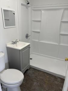 a bathroom with a toilet and a sink and a shower at Royal Motel in Allentown