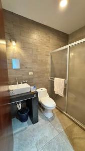 a bathroom with a toilet and a sink and a shower at Departamento moderno en Durango in Durango +6 photos