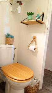 a bathroom with a toilet with a wooden toilet seat at Appartement L'esprit marin in Villers-sur-Mer