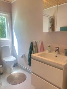 a bathroom with a sink and a toilet at Stuga Haget in Bengtsfors +42 photos