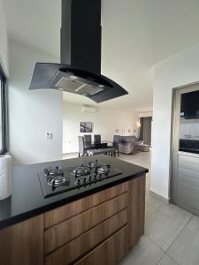 a kitchen with a stove top oven in a room at Private pool house near the beach in Heroica Alvarado