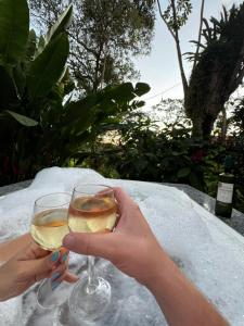 a person holding a glass of white wine at Chalé Suíço - Chalés Belo Monte - Sítio Belo Monte in Pacoti