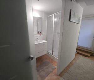 a white bathroom with a shower and a sink at Wider Apartment UG mit Tageslicht in Gottmadingen