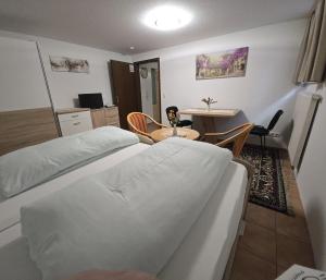 a bedroom with a bed and a table and chairs at Wider Apartment UG mit Tageslicht in Gottmadingen +14 photos