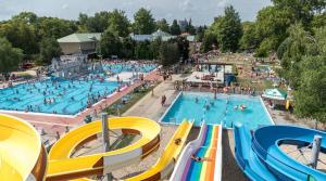 an overhead view of a large swimming pool with people in it at Quasi Rooms in Eger