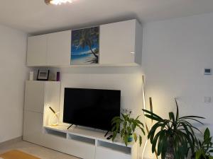 a living room with a tv on a white wall at Ferienhaus Am Vitzerod in Tambach-Dietharz