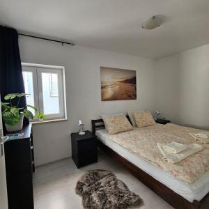 a bedroom with a bed and a rug on the floor at Apartma Sparkle in Koper