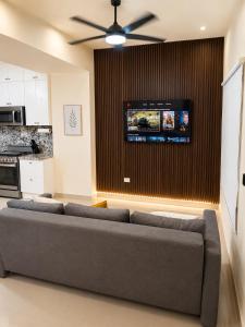 a living room with a couch and a tv on a wall at Eco Avalon Paradise Villa in Punta Cana