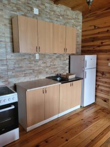 a kitchen with wooden cabinets and a white refrigerator at Vila Arena in Mandići +53 photos