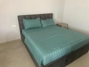 a bed with green sheets and blue pillows in a bedroom at Apartament E&G in Rrogozhinë