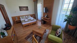 a living room with a bed and a couch at Vila Araya Mlynica in Mlynica