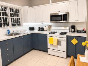 a kitchen with blue cabinets and a white stove top oven at Ocean Breeze Retreat in Basseterre