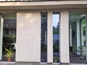 a store front with glass windows and potted plants at Art Hotel Podebrady in Poděbrady