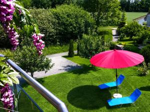 a pink umbrella and two blue chairs with a table and two chairs with a table at Villa with Pool - Leon's Holiday Homes in Dottikon