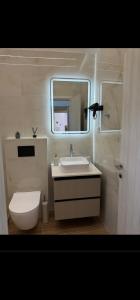 a bathroom with a sink and a toilet and a mirror at Aggelos Room 4 in Volos +9 photos