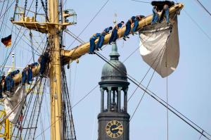 a tall clock tower with a clock on a ship at ibis budget Hamburg St Pauli Messe in Hamburg