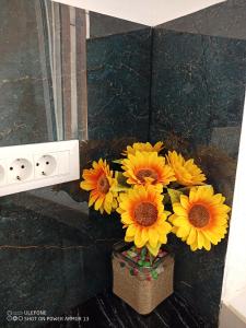 a bunch of yellow flowers in a vase on a wall at ''RENATA'' Studio in Kithnos +11 photos