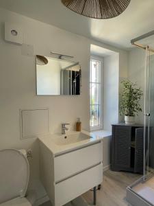 a bathroom with a sink and a toilet and a mirror at Duplex de caractère in Coutances